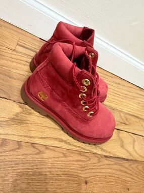 Timberland Kids Red Suede Lace-Up Boots with Gold Eyelets